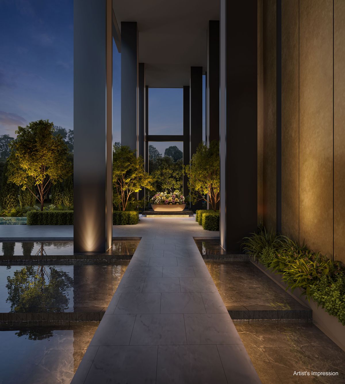 Hudson Place Residences grand arrival lounge with flanking water terrace at dusk