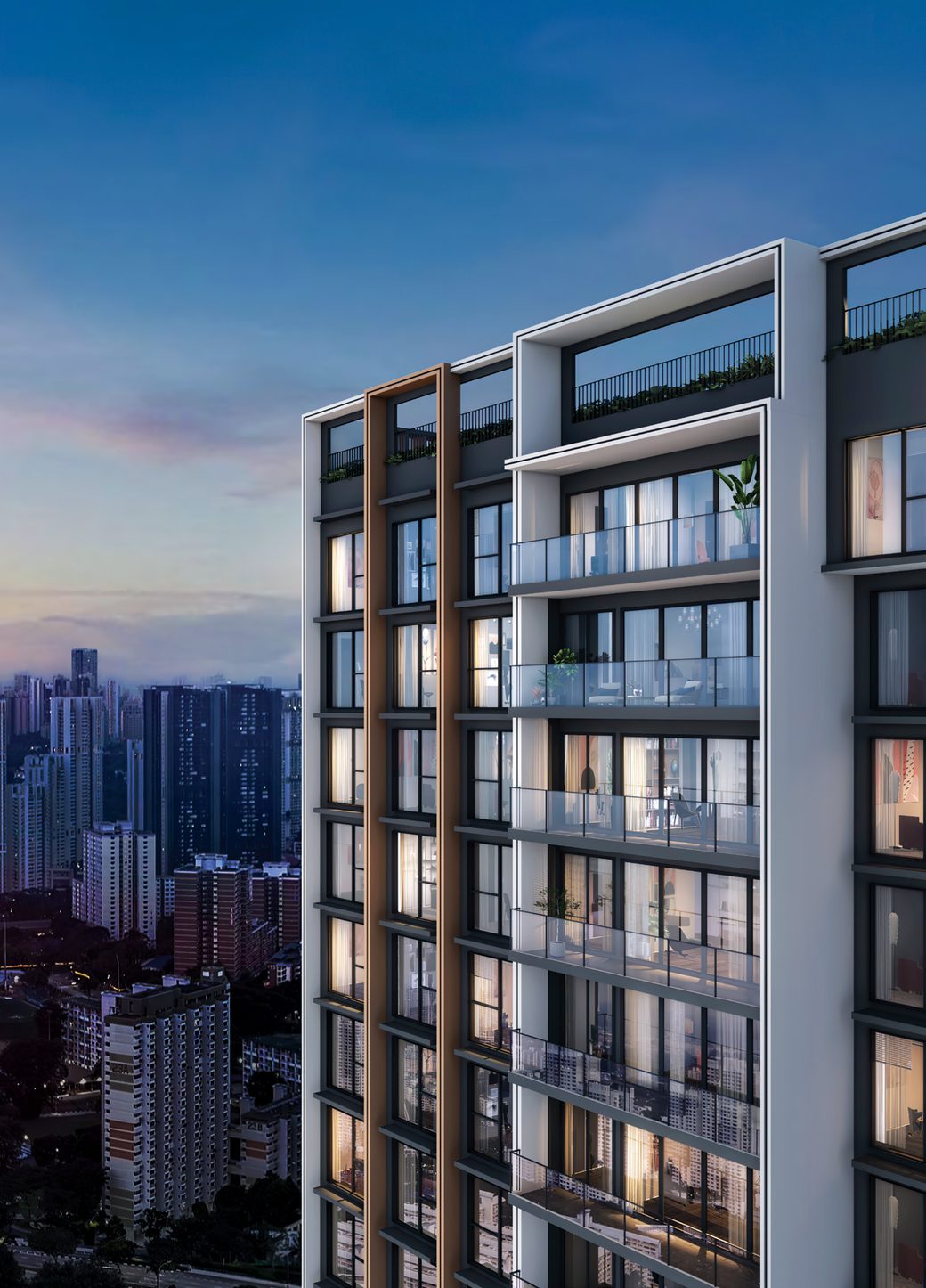 Hudson Place Residences tower facade detail at twilight with bronze architectural accents
