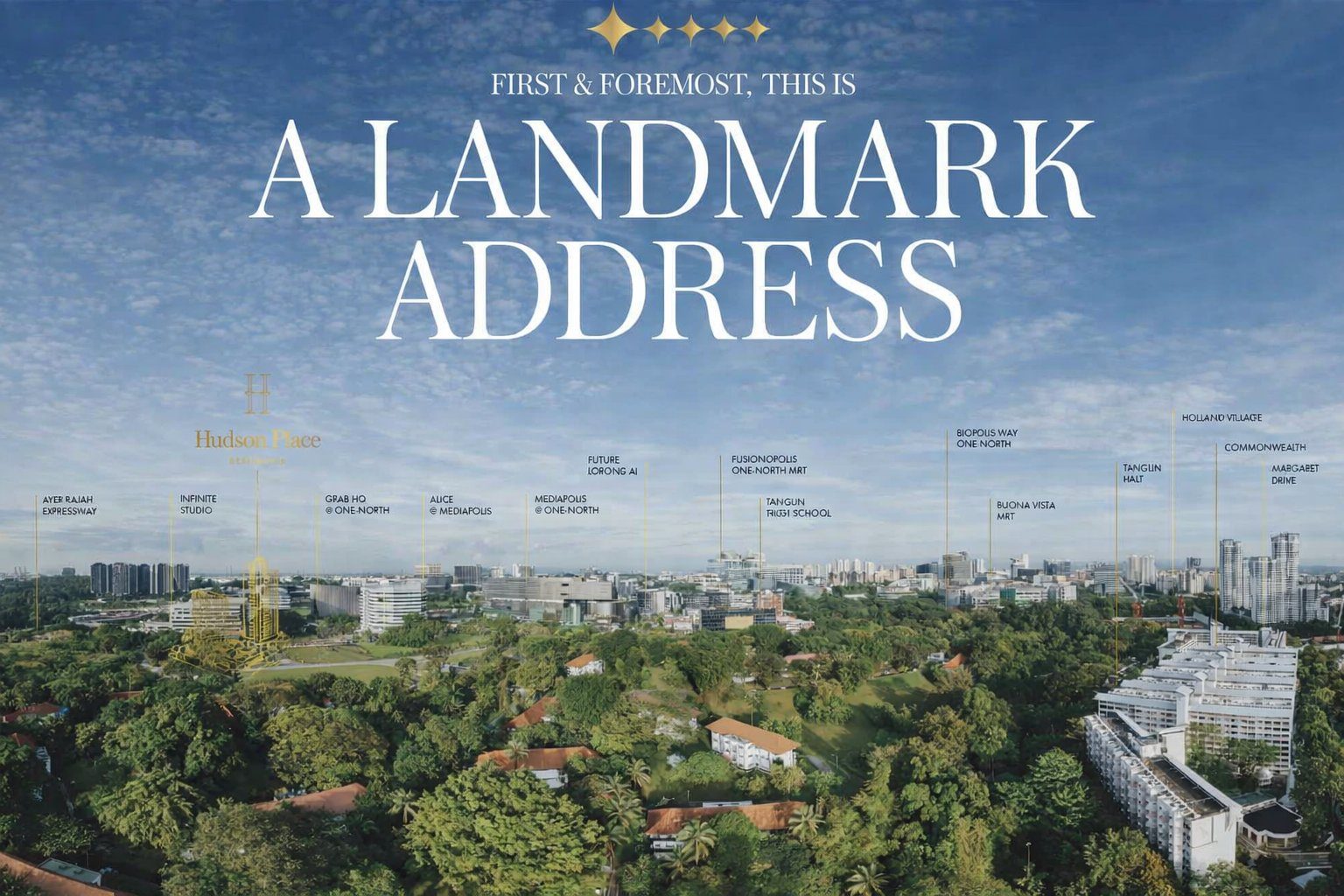 Hudson Place Residences landmark aerial view positioned among Ayer Rajah Expressway Infinite Studio Grab HQ one-north Mediapolis Fusionopolis Buona Vista MRT and Holland Village Singapore