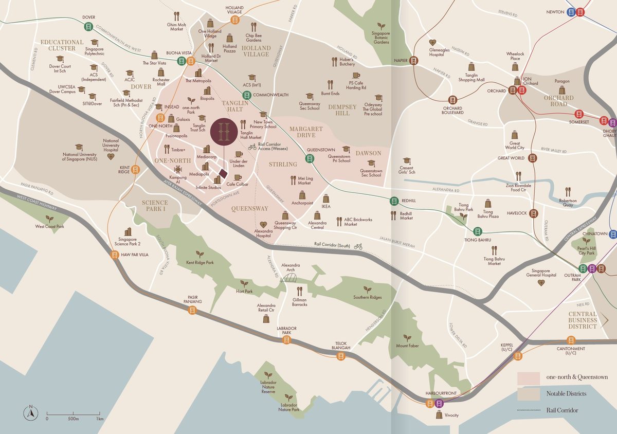 Hudson Place Residences location map showing proximity to one-north MRT Queenstown Fusionopolis Mediapolis Kampong AI and surrounding amenities in Singapore