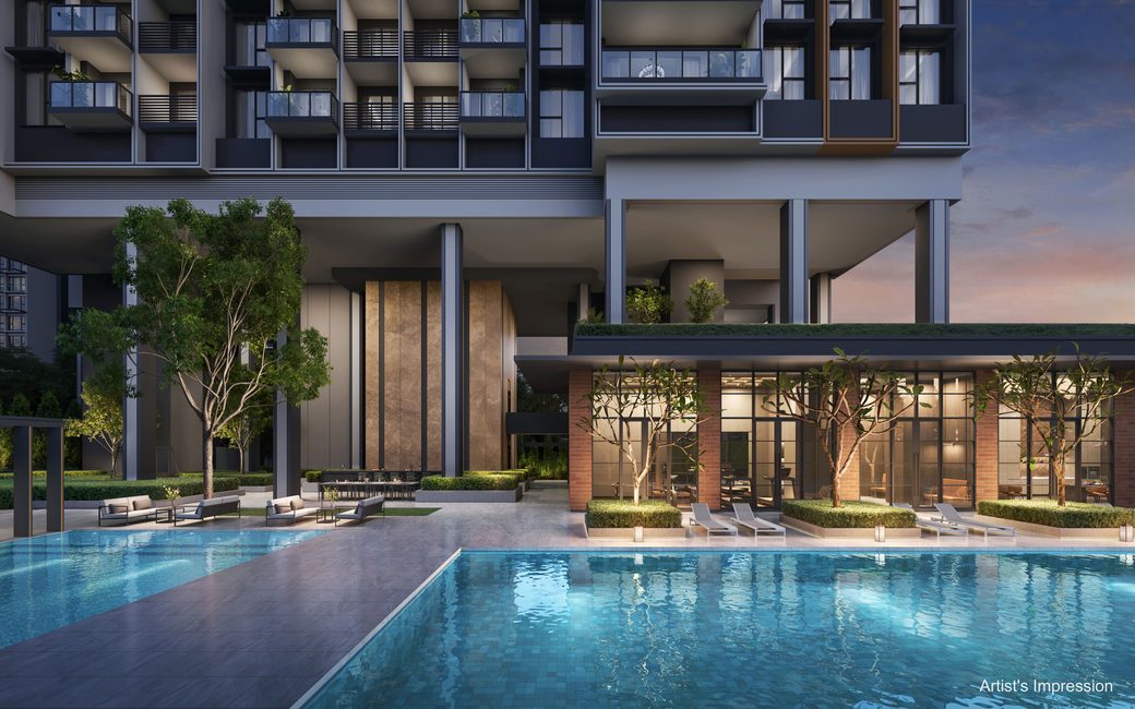 Hudson Place Residences pool and clubhouse at dusk