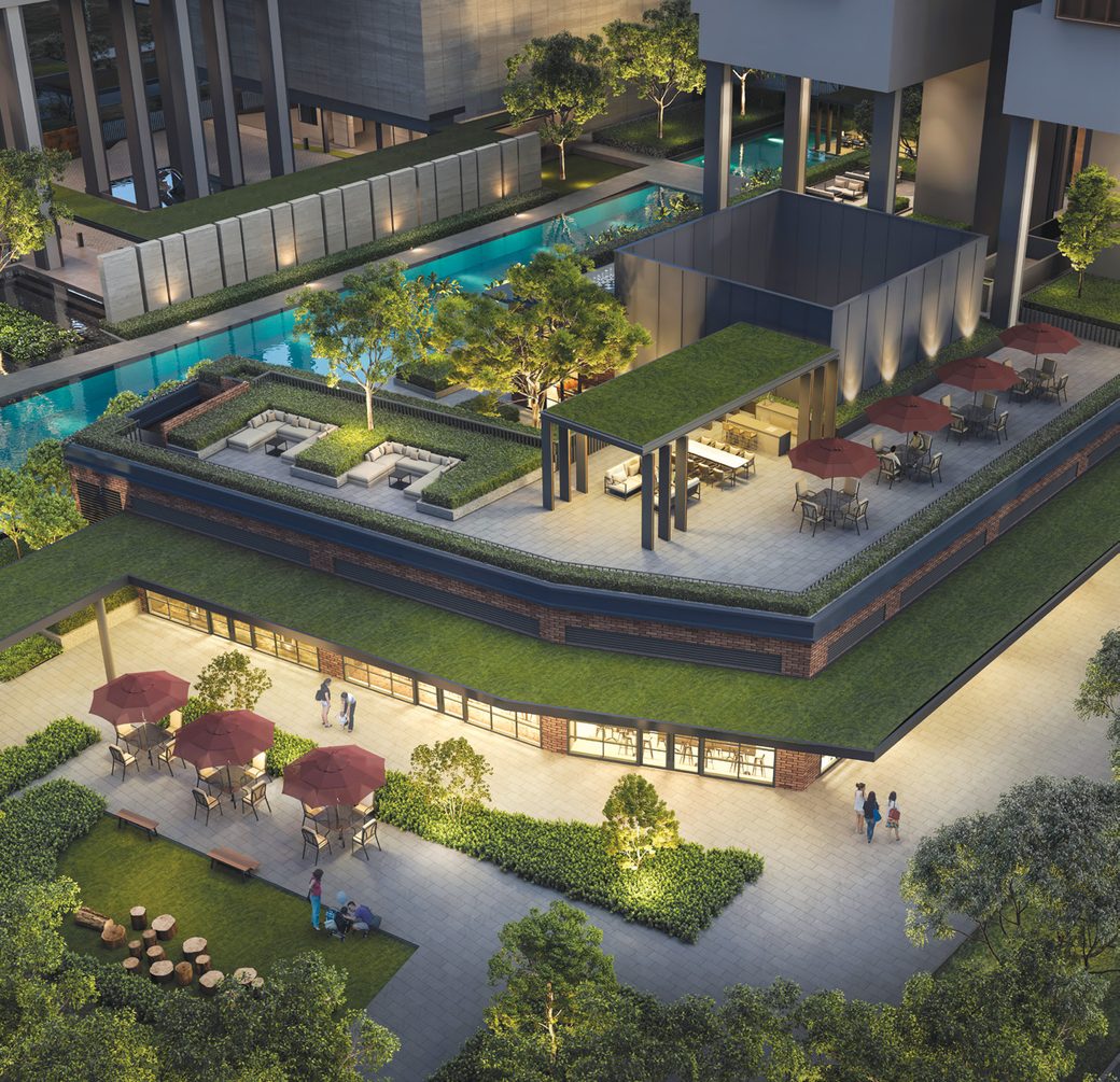 Hudson Place Residences Hudson Terrace aerial view with tennis court rooftop lounge and BBQ pavilion