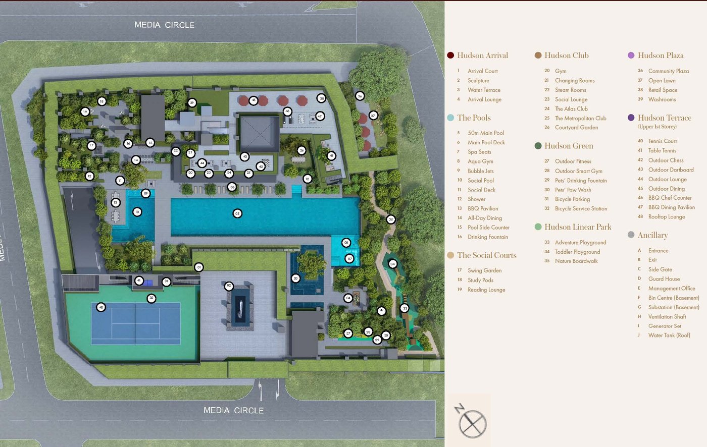 Hudson Place Residences site plan showing all 48 facilities across 5 zones at Media Circle Queenstown Singapore