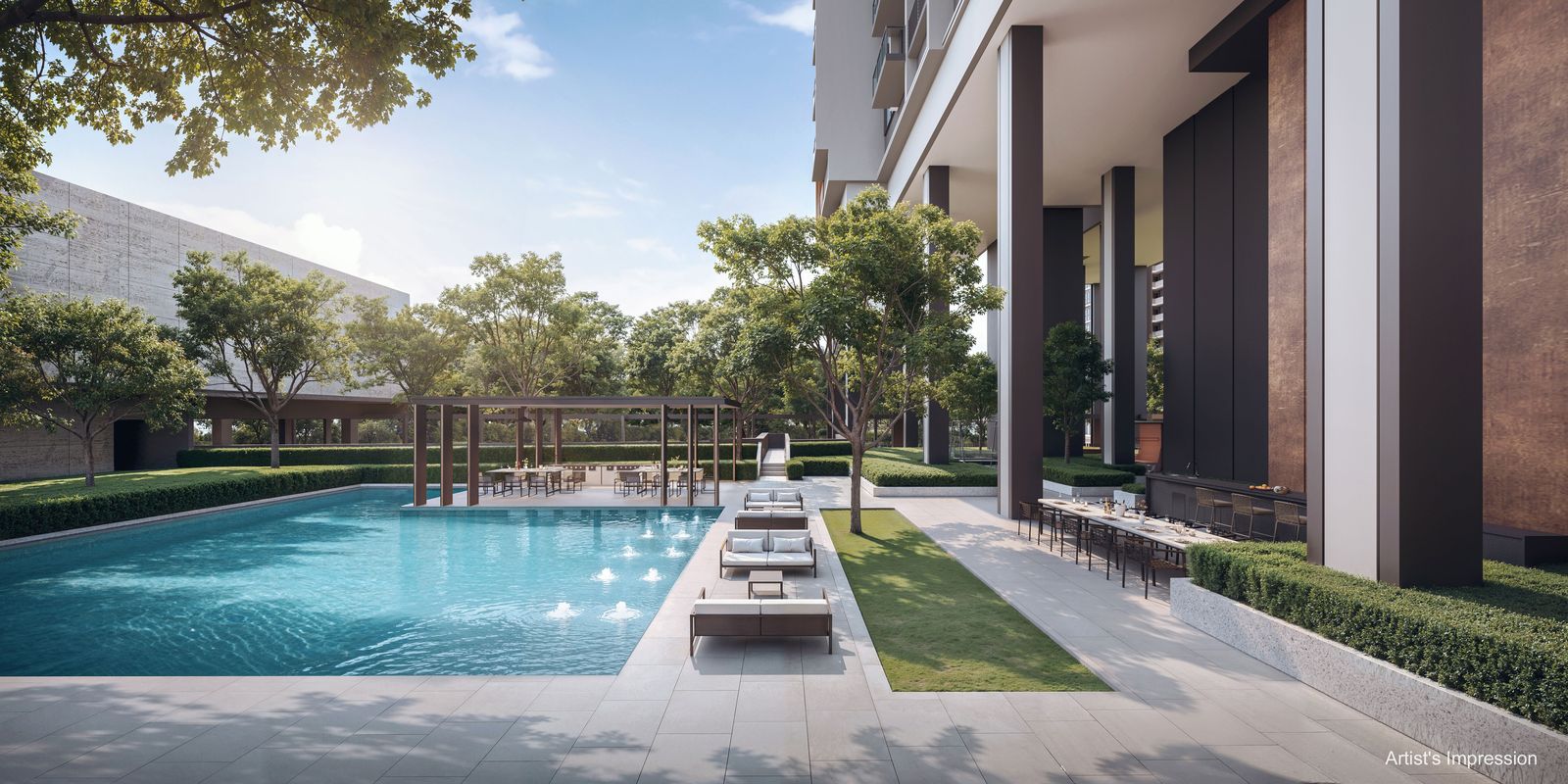 Hudson Place Residences social pool with BBQ pavilion and open lawn