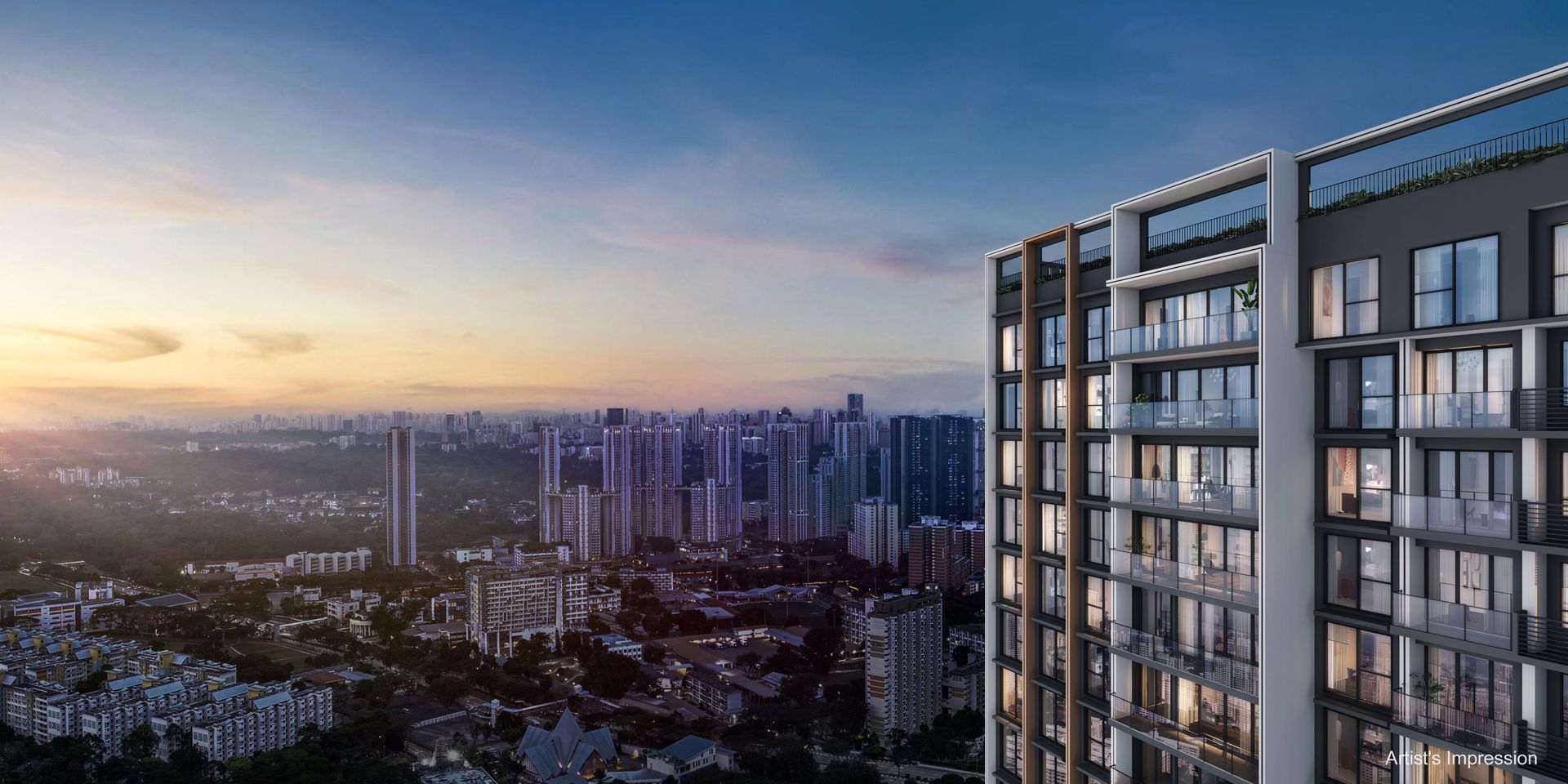 Hudson Place Residences aerial view at sunset showing both towers rising above lush Queenstown greenery