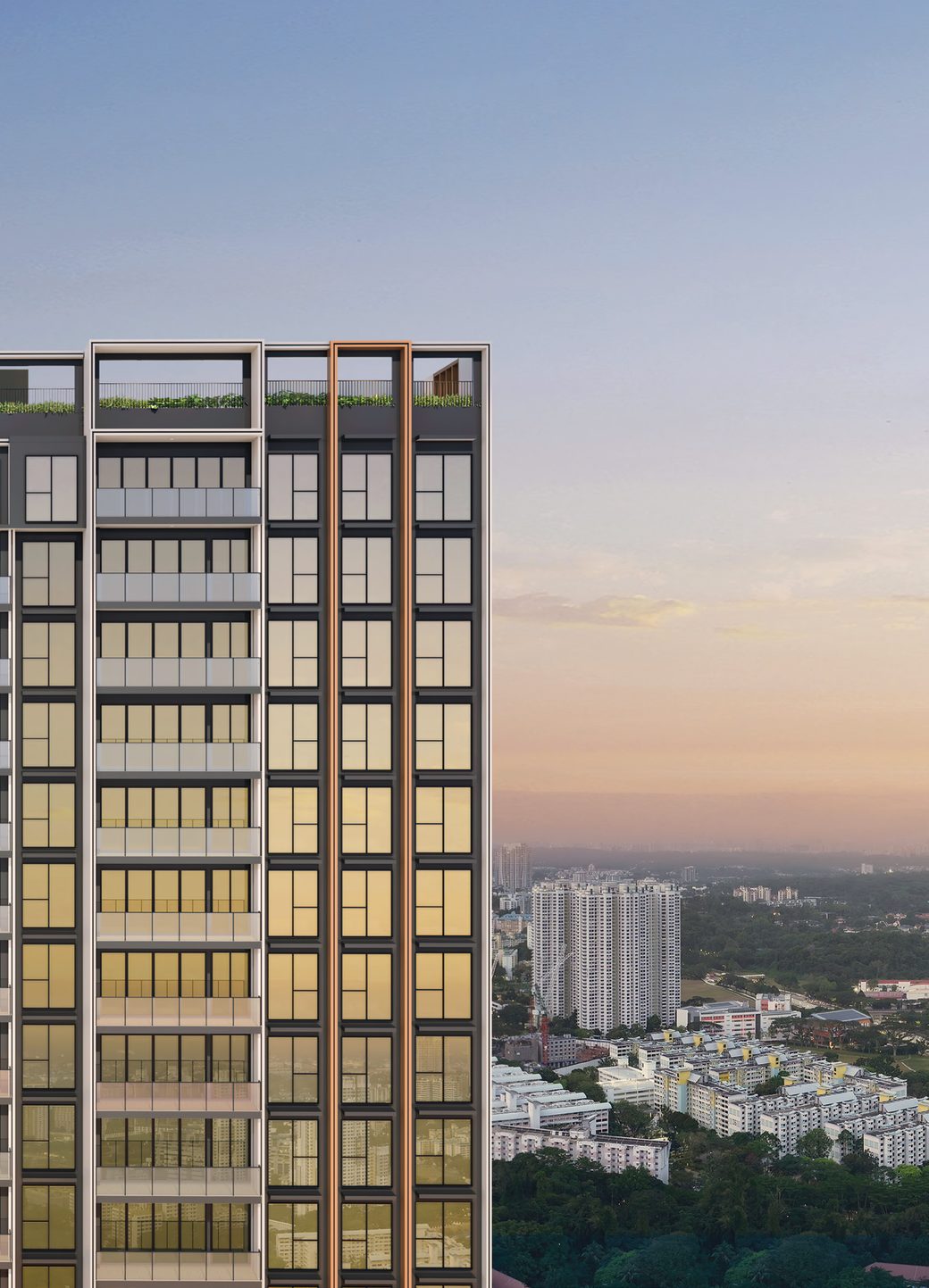 Hudson Place Residences tower facade at golden hour with Singapore skyline